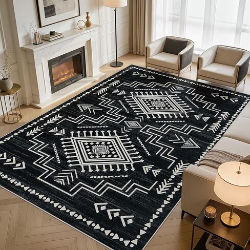 Joydeco Moroccan Black 8x10 Area Rugs for Living Room, Non-Slip Western Large Bedroom Dining Room Rug, Throw Stain Resistant Geometric Aztec Print Modern Soft Carpet for Playroom Office in Saudi Arabia