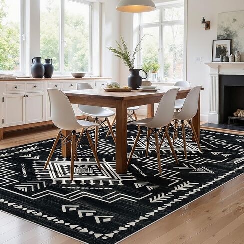 Joydeco Moroccan Black 8x10 Area Rugs for Living Room, Non-Slip Western Large Bedroom Dining Room Rug, Throw Stain Resistant Geometric Aztec Print Modern Soft Carpet for Playroom Office in Saudi Arabia