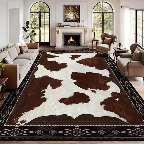 Yinhua Cow Print Rug for Living Room 5x7 Cowhide Rugs for Bedroom Washable Faux Cow Rug Low Pile Non Slip, Animal Print Western Rugs for Dining Room Nursery Home Office, Brown and White in Saudi Arabia