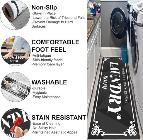 Extra Non-Slip Laundry Room Rug Runner, NO-Creases, Washable Rugs, Laundry Room Decor and Accessories, Comfort Floor Mat, Water Resistant Design for Washer Dryer Organization, 17"X47" in Kuwait