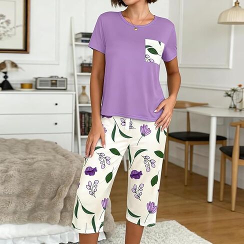 2PCS Women's Pajama Set, Soft Cotton Sleepwear with Floral Print, Short Sleeve Top and Capri Pants Loungewear for Summer in Kuwait