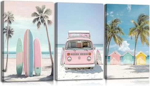 3pcs Framed Pink Coastal Canvas Wall Art Tropical Beach Poster Print Surfboard Palm Tree Van Picture for Beach House Bathroom Living Room Bedroom and More Home Decor 16x12in in Kuwait