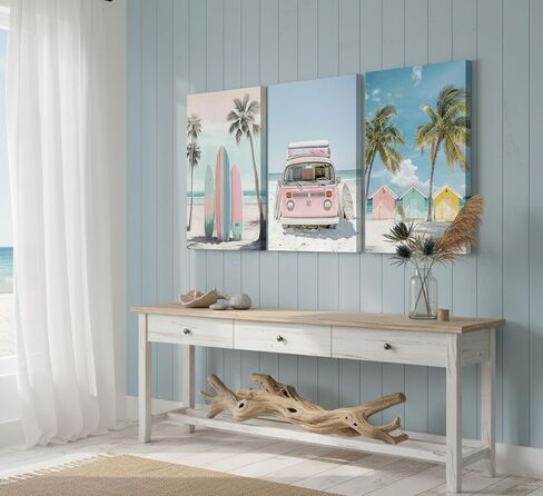 3pcs Framed Pink Coastal Canvas Wall Art Tropical Beach Poster Print Surfboard Palm Tree Van Picture for Beach House Bathroom Living Room Bedroom and More Home Decor 16x12in in Kuwait