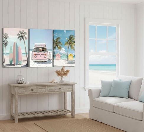 3pcs Framed Pink Coastal Canvas Wall Art Tropical Beach Poster Print Surfboard Palm Tree Van Picture for Beach House Bathroom Living Room Bedroom and More Home Decor 16x12in in Kuwait
