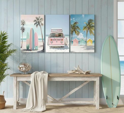 3pcs Framed Pink Coastal Canvas Wall Art Tropical Beach Poster Print Surfboard Palm Tree Van Picture for Beach House Bathroom Living Room Bedroom and More Home Decor 16x12in in Kuwait