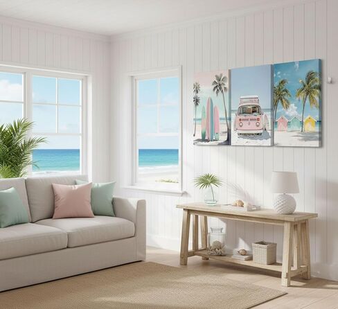 3pcs Framed Pink Coastal Canvas Wall Art Tropical Beach Poster Print Surfboard Palm Tree Van Picture for Beach House Bathroom Living Room Bedroom and More Home Decor 16x12in in Kuwait