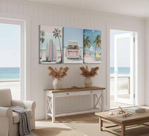 3pcs Framed Pink Coastal Canvas Wall Art Tropical Beach Poster Print Surfboard Palm Tree Van Picture for Beach House Bathroom Living Room Bedroom and More Home Decor 16x12in in Kuwait