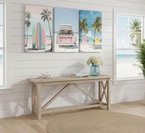 3pcs Framed Pink Coastal Canvas Wall Art Tropical Beach Poster Print Surfboard Palm Tree Van Picture for Beach House Bathroom Living Room Bedroom and More Home Decor 16x12in in Kuwait