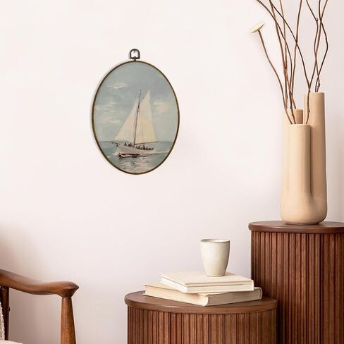 MAQIKA Vintage Nautical Sailboat Framed Oval Wall Art Decor, Coastal Oval Wall Hanging Decor, Beach Ocean Maritime Seascape Sailboat Canvas Prints Wall Art for Home Bedroom Living Room, 8.7x11.3 Inch in Saudi Arabia