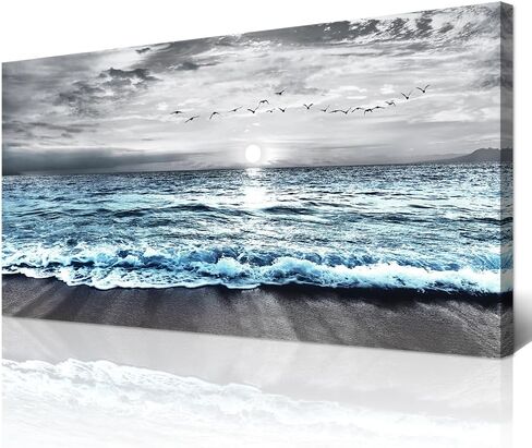 Wapluam Large Canvas Wall Art For Living Room & Bedroom Decor - Black & White Blue Sea Wave Pictures - Framed Beach Posters in Saudi Arabia