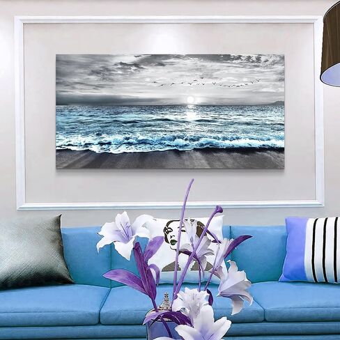 Wapluam Large Canvas Wall Art For Living Room & Bedroom Decor - Black & White Blue Sea Wave Pictures - Framed Beach Posters in Saudi Arabia