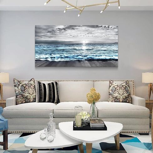 Wapluam Large Canvas Wall Art For Living Room & Bedroom Decor - Black & White Blue Sea Wave Pictures - Framed Beach Posters in Saudi Arabia