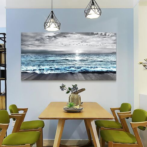 Wapluam Large Canvas Wall Art For Living Room & Bedroom Decor - Black & White Blue Sea Wave Pictures - Framed Beach Posters in Saudi Arabia
