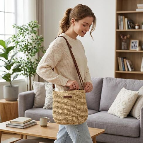 Straw Crossbody Bags for Women, Lightweight Straw Crossbody Bag for Daily Use, Paper Straw Crossbody Purse with Adjustable Strap for Casual Outings and Shopping, Woven Paper Straw Handbag in Saudi Arabia