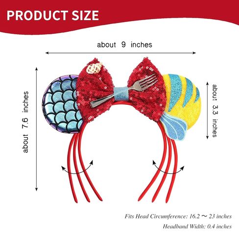 bianbaistar Mermaid Style Mouse Ears Headband, Red Sequin Bow with Seashell Fork Decor, Stretchy Lightweight Hair Hoop for Adults & Women, Ocean Theme Accessory for Theme Park Party Cosplay in Saudi Arabia