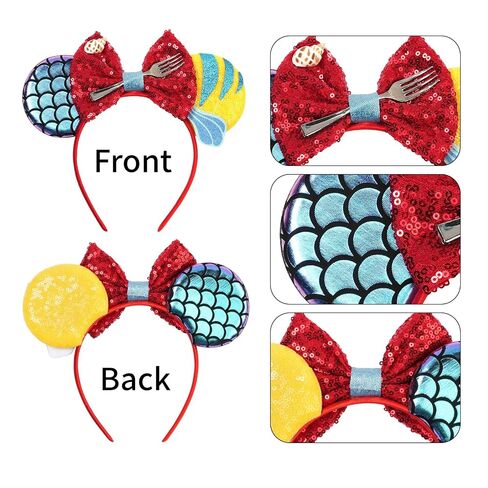 bianbaistar Mermaid Style Mouse Ears Headband, Red Sequin Bow with Seashell Fork Decor, Stretchy Lightweight Hair Hoop for Adults & Women, Ocean Theme Accessory for Theme Park Party Cosplay in Saudi Arabia
