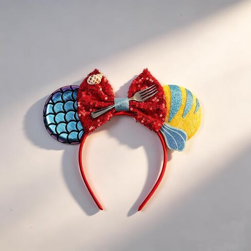 bianbaistar Mermaid Style Mouse Ears Headband, Red Sequin Bow with Seashell Fork Decor, Stretchy Lightweight Hair Hoop for Adults & Women, Ocean Theme Accessory for Theme Park Party Cosplay in Saudi Arabia
