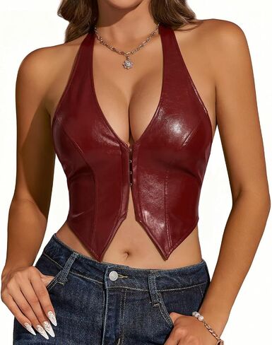 tobyto Women's PU Leather Halter Top Corset Tops for Women Deep V Neck Backless Vest Sexy Out Going Crop Tank Party Club in Saudi Arabia