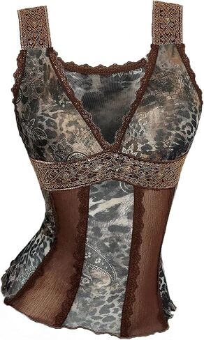 Floerns Women's Boho Leopard Lace Trim V Neck Tank Top Sheer Mesh Sleeveless Y2K Rave Party Tops in Kuwait