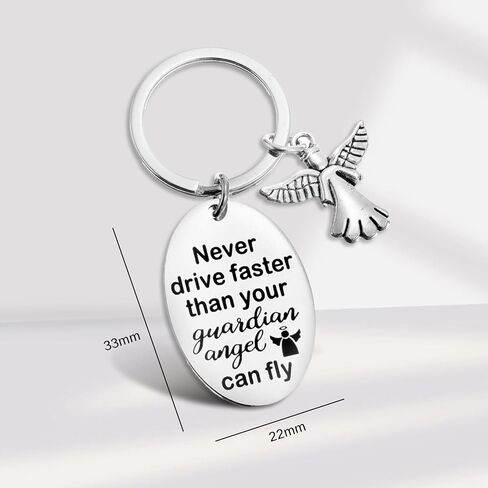 NIIIYTYB Guardian Angel Keychain للسائقين الجدد ملهمة حلقة مفاتيح أجنحة سلاسل المفاتيح الساحرة لا تقود أبدًا أسرع من الملاك الحارس الخاص بك يمكن أن يطير مفتاح رقم الملاك اللطيف للنساء والرجال in Kuwait