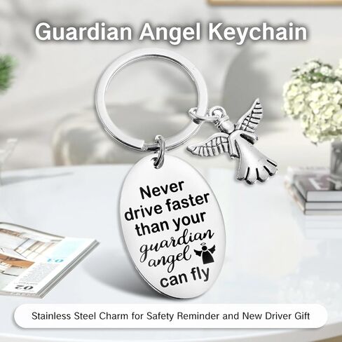 NIIIYTYB Guardian Angel Keychain للسائقين الجدد ملهمة حلقة مفاتيح أجنحة سلاسل المفاتيح الساحرة لا تقود أبدًا أسرع من الملاك الحارس الخاص بك يمكن أن يطير مفتاح رقم الملاك اللطيف للنساء والرجال in Kuwait