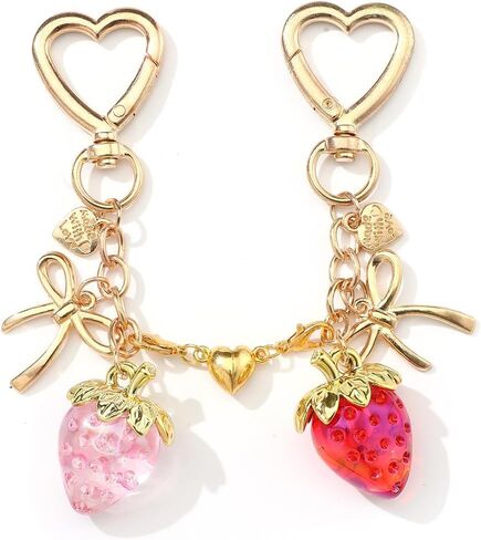 Cute Strawberry Keychain Kawaii Heart Bow Charm BFF Best Friend Couples Bag Backpack Keychains in Saudi Arabia