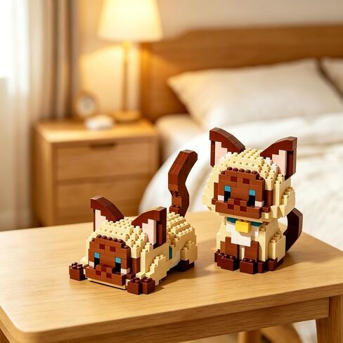 Cute Siamese Cat Statue,395 DIY Assembled Animal Decorations,Mini Cat Decorations with 2 Different Poses to Choose from,Creative Handmade Desk Collection in Kuwait