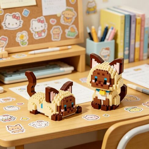 Cute Siamese Cat Statue,395 DIY Assembled Animal Decorations,Mini Cat Decorations with 2 Different Poses to Choose from,Creative Handmade Desk Collection in Kuwait