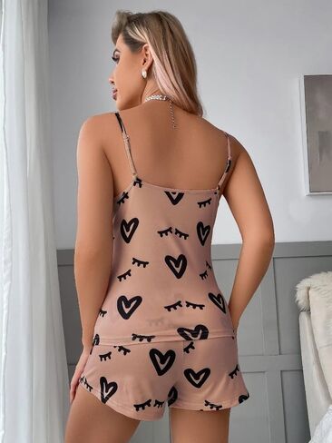 Sexy Heart Camisole Pajama Set for Women, Spaghetti Strap Slim Tank Top & Heart Shorts, Soft 2-Piece Loungewear in Kuwait
