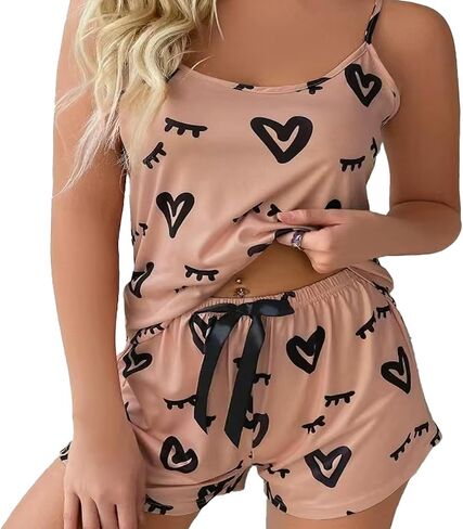 Sexy Heart Camisole Pajama Set for Women, Spaghetti Strap Slim Tank Top & Heart Shorts, Soft 2-Piece Loungewear in Saudi Arabia