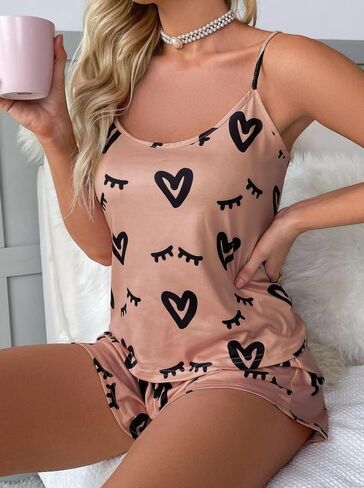 Sexy Heart Camisole Pajama Set for Women, Spaghetti Strap Slim Tank Top & Heart Shorts, Soft 2-Piece Loungewear in Kuwait