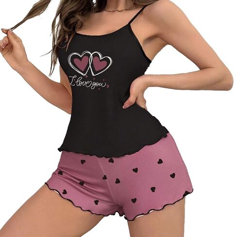 Sexy Heart Camisole Pajama Set for Women, Spaghetti Strap Slim Tank Top & Heart Shorts, Soft 2-Piece Loungewear in Kuwait