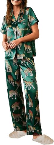 WDIRARA Women's Satin Pajama Set Leopard Print Button Up Pants Pjs Set 2 Piece Sleepwear in Kuwait