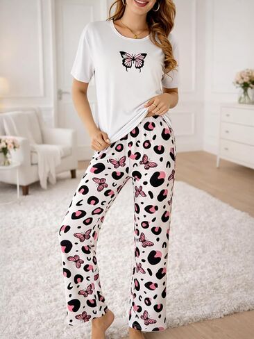 Women Lightweight Lounge Set, Butterfly Print Short Sleeve Top and Pants, Thin Two Piece Outfit for Daily Comfort in Kuwait