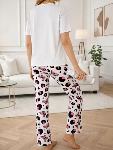Women Lightweight Lounge Set, Butterfly Print Short Sleeve Top and Pants, Thin Two Piece Outfit for Daily Comfort in Kuwait