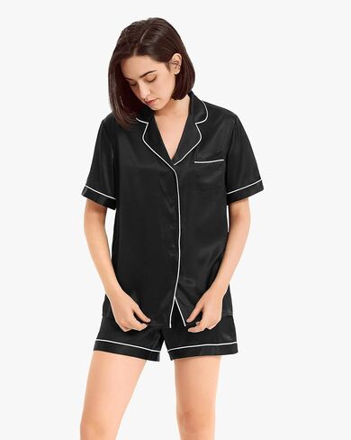 Mommesilk 100% Silk Pajamas Set Short for Summer Women 2pc Pjs Short Sleeve Set Cool Soft Piping Casual Sleeping in Saudi Arabia