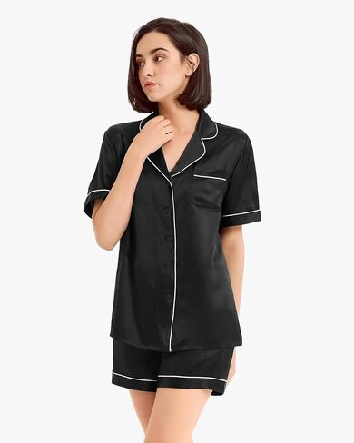 Mommesilk 100% Silk Pajamas Set Short for Summer Women 2pc Pjs Short Sleeve Set Cool Soft Piping Casual Sleeping in Saudi Arabia