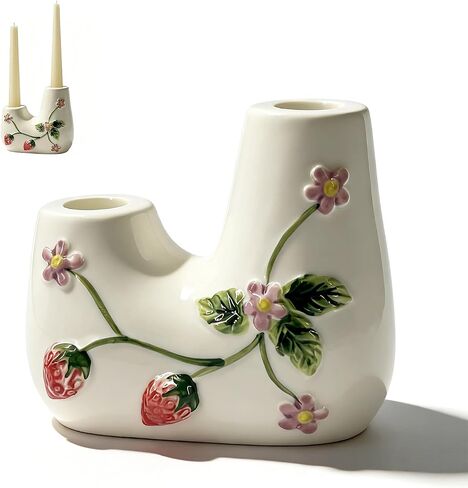 Ceramic Candle Holder Set of 1, Double Tapered Candlestick Holders with Strawberry 3D Relief Design, for Dining Table, Wedding, Home Decor, and Mantelpiece - White in Kuwait