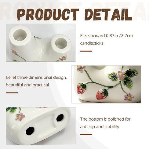 Ceramic Candle Holder Set of 1, Double Tapered Candlestick Holders with Strawberry 3D Relief Design, for Dining Table, Wedding, Home Decor, and Mantelpiece - White in Kuwait