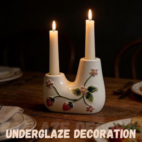Ceramic Candle Holder Set of 1, Double Tapered Candlestick Holders with Strawberry 3D Relief Design, for Dining Table, Wedding, Home Decor, and Mantelpiece - White in Kuwait