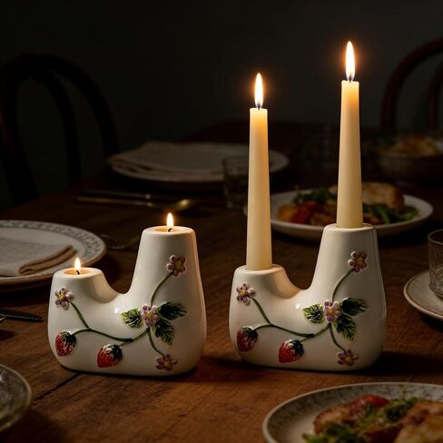 Ceramic Candle Holder Set of 1, Double Tapered Candlestick Holders with Strawberry 3D Relief Design, for Dining Table, Wedding, Home Decor, and Mantelpiece - White in Kuwait