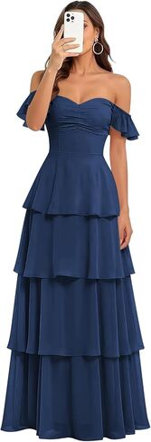 Women’s Tiered Chiffon Bridesmaid Dresses Off The Shoulder Formal Dress A-line Ruffles Wedding Guest Dress in Saudi Arabia