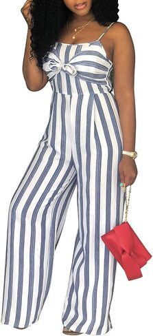 PerZeal Women's Sexy Spaghetti Strap Stripe Jumpsuits Casual Wide Leg Long Pants Rompers Sleeveless Ladies Outfits in Saudi Arabia