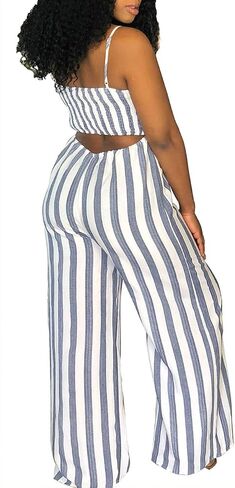 PerZeal Women's Sexy Spaghetti Strap Stripe Jumpsuits Casual Wide Leg Long Pants Rompers Sleeveless Ladies Outfits in Saudi Arabia