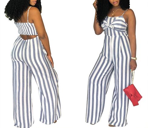 PerZeal Women's Sexy Spaghetti Strap Stripe Jumpsuits Casual Wide Leg Long Pants Rompers Sleeveless Ladies Outfits in Saudi Arabia