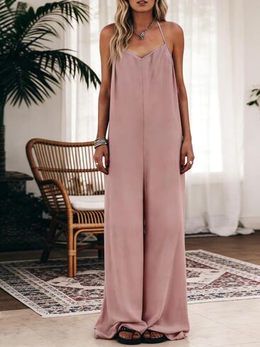 Women's Strap Jumpsuit,Loose Wide Leg Sleeveless Summer Romper,Casual Fashion Jumpers,Beach Flowing Vacation Outfit in Kuwait