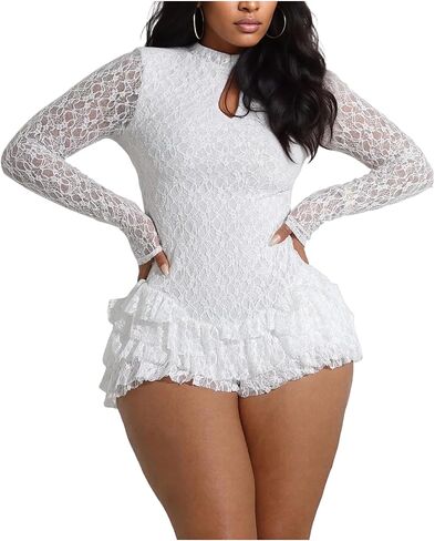 المرأة مثير جمبسوت من الدانتيل كم طويل عارية الذراعين Bodycon السراويل رومبير كشكش قطعة واحدة الزي Y2k كلوبوير in Kuwait