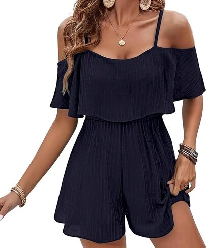 Women's Off Shoulder Rompers Summer Half Sleeve Wide Leg Casual Short Jumpsuit in Saudi Arabia
