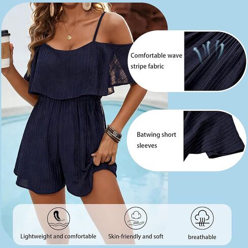 Women's Off Shoulder Rompers Summer Half Sleeve Wide Leg Casual Short Jumpsuit in Saudi Arabia