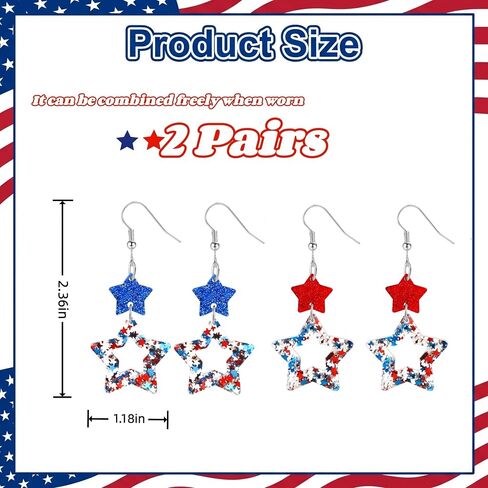 2 Pairs Patriotic American Flag Earrings 4th of July Earrings for Women Acrylic Star Dangle Earrings Independence Day Decorations USA 250th Anniversary Accessories Gifts in Saudi Arabia